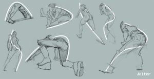 Various figure drawing sketches showing the line of action.