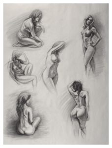 Fully shaded figure drawing of a woman in various poses.